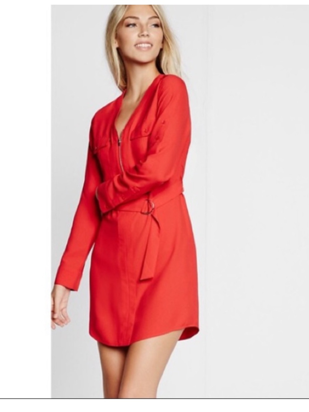 Red Long Sleeve Zip Front Shirt Dress